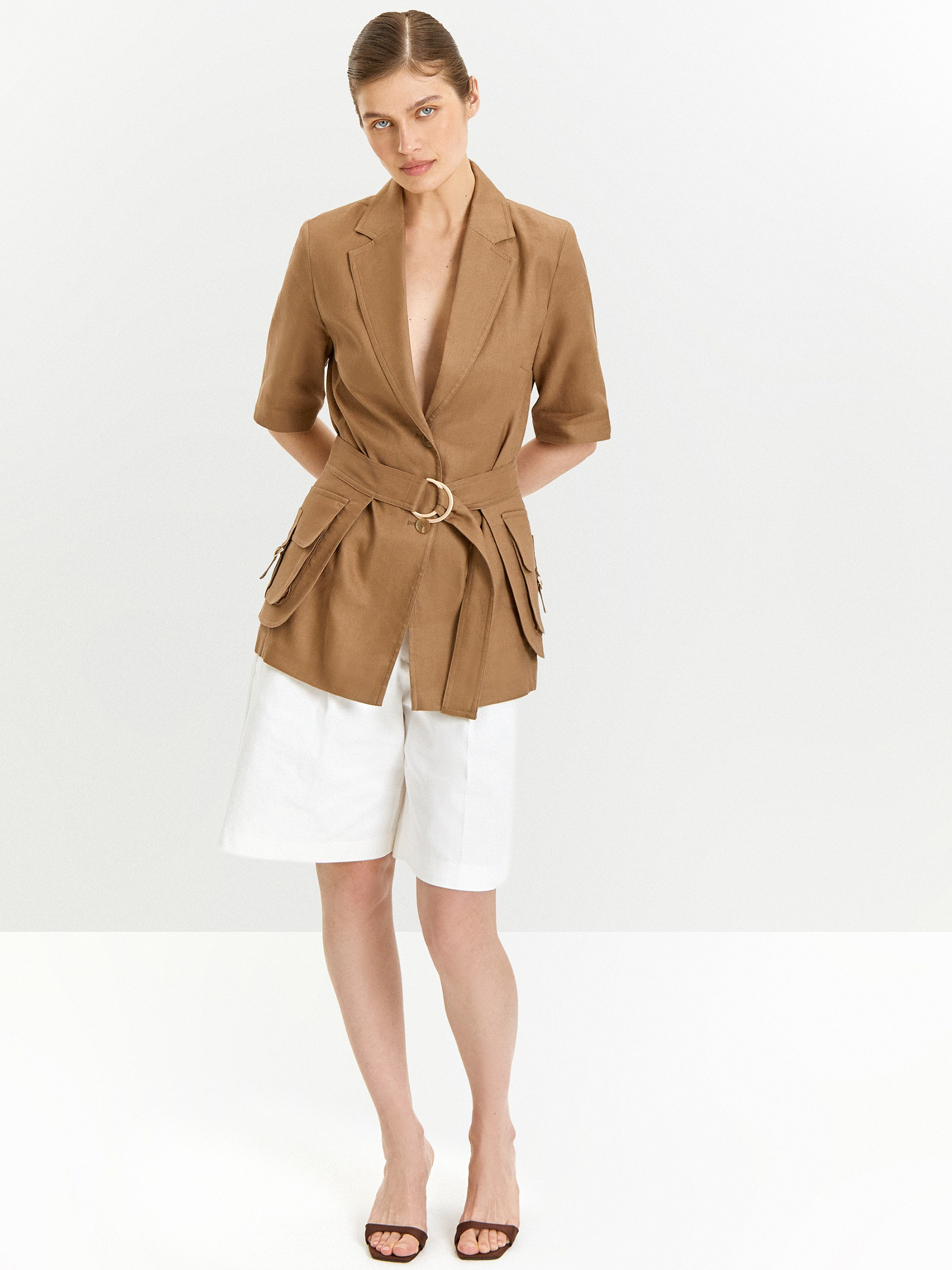 Жакет изо льна с поясом и накладными караманами